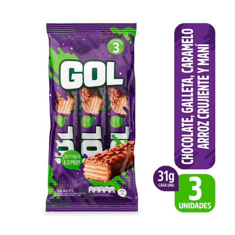 Chocolatina Gol Caramelo Arroz Mani 3 Und 93 Gr