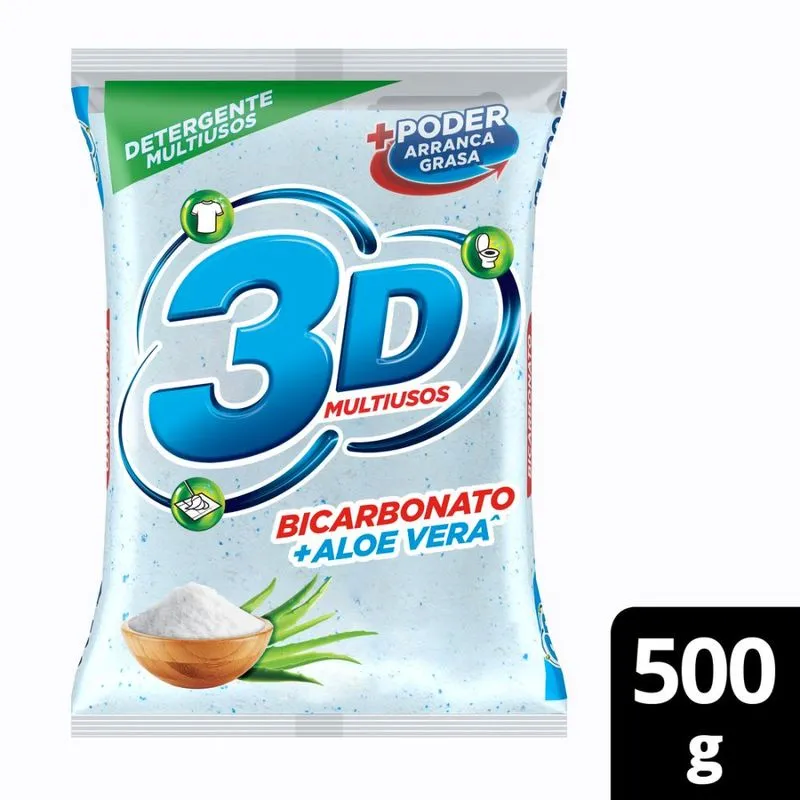 Detergente En Polvo 3d Multiusos Bicarbonato Aloe 500 Gr