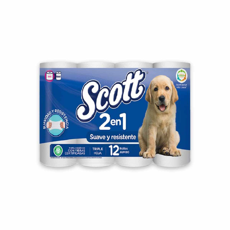 Papel Higienico Scott 2en1 Suave Y Resistente 12 Rollos