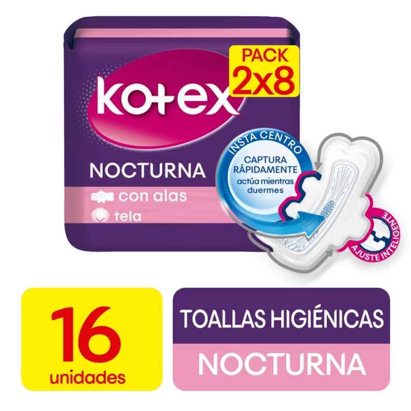 Toalla Higienica Kotex X 8unidad Nocturna Tela + 8 Nocturna P.e.