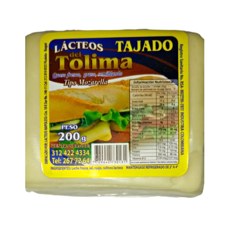 Queso Lacteos Del Tolima Tajado 200 Gr
