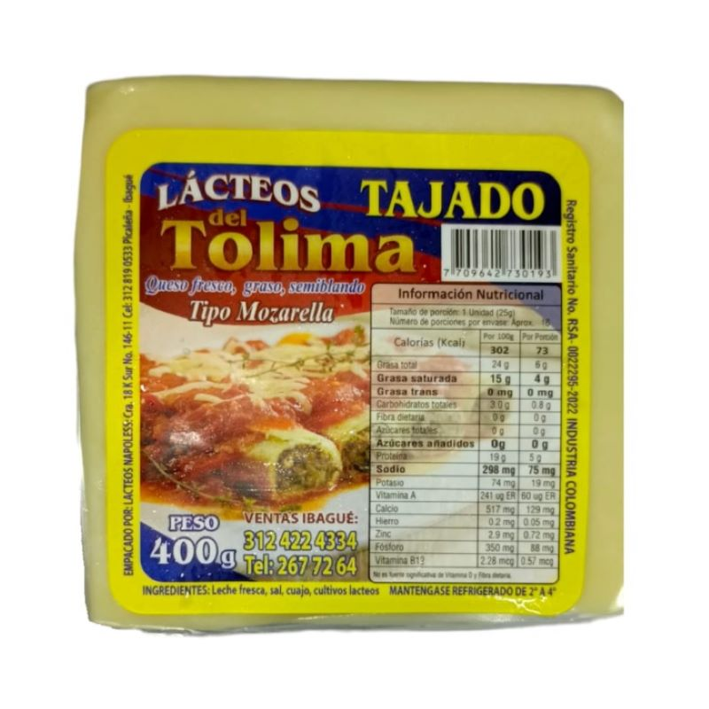 Queso Lacteos Del Tolima Tajado 400 Gr