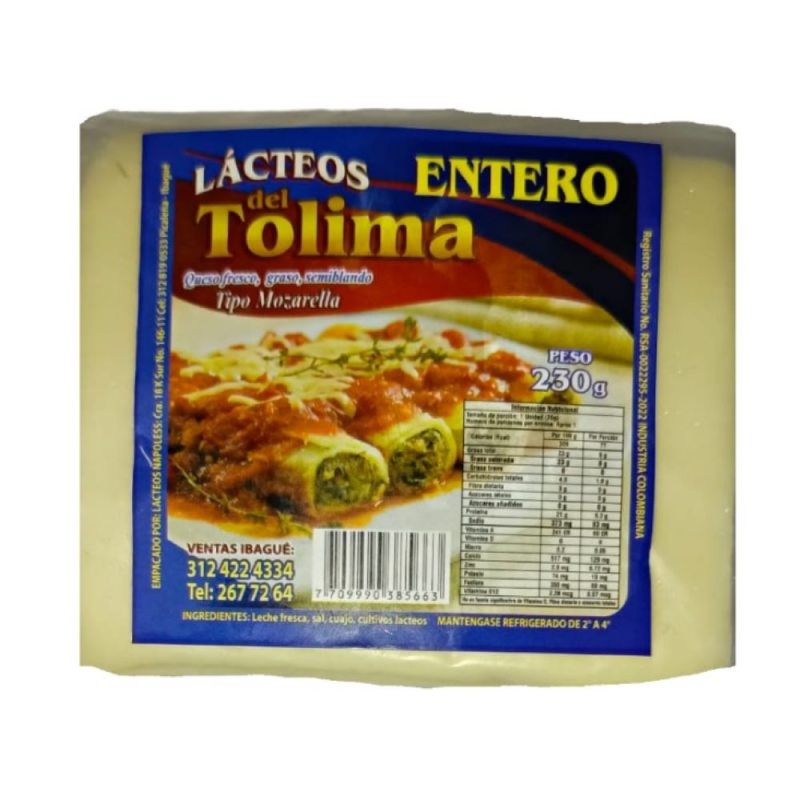 Queso Lacteos Del Tolima Entero 230 Gr